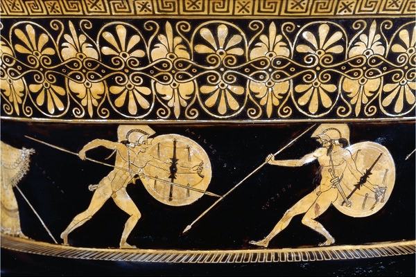 Greek vase painting of the battle of Hector and Achilles at Troy