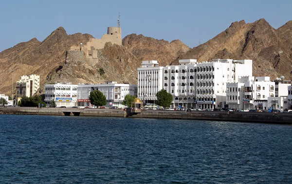 the Muttrah corniche from the harbor, Muscat, Oman